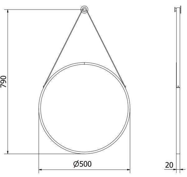 Mexen String, okrúhle kúpeľňové zrkadlo na pásiku 50 cm, farba rámu čierna matná, 9854-050-050-000-70