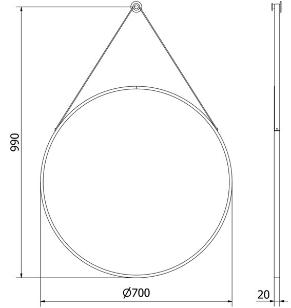 Mexen String, okrúhle kúpeľňové zrkadlo na pásiku 70 cm, farba rámu čierna matná, 9854-070-070-000-70