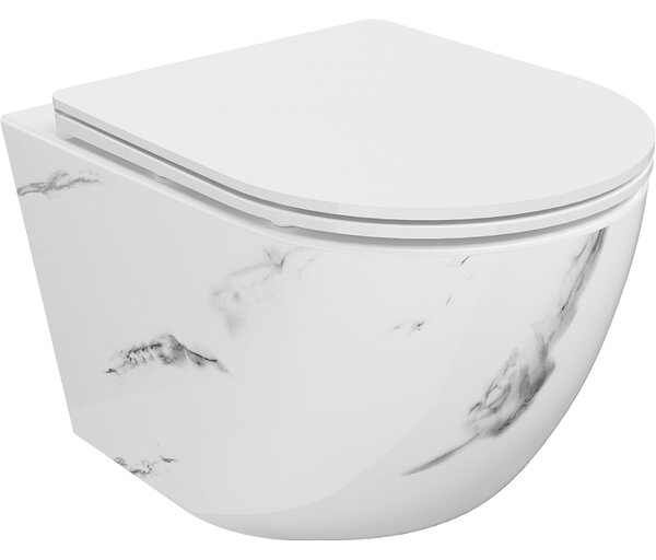 Mexen Lena, závesná WC misa Rimless s duroplastovým sedátkom s pomalým zatváraním, imitácia mramoru-biely kameň, 30224092