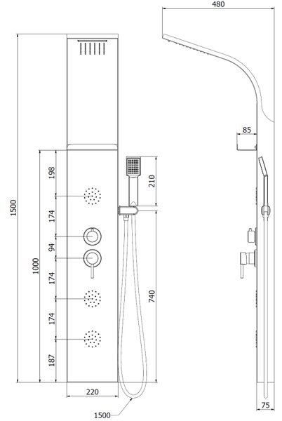 Mexen Borg sprchový panel, čierny - 7615-03-70