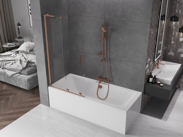 Mexen Velar L paraván na vaňu 2-krídlový posuvný 90 x 150 cm, transparentný, brúsená meď - 896-090-003-01-65
