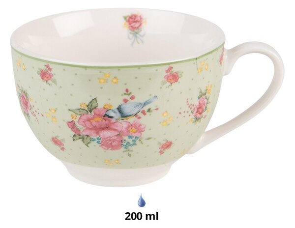 Zelená porcelánová šálka s tanierikom s kvetmi a vtáčikom Cheerful Birdie - 12*9*6cm/ 200ml - Clayre & Eef