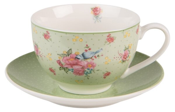 Zelená porcelánová šálka s tanierikom s kvetmi a vtáčikom Cheerful Birdie - 12*9*6cm/ 200ml - Clayre & Eef