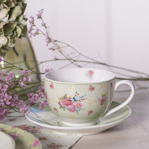 Zelená porcelánová šálka s tanierikom s kvetmi a vtáčikom Cheerful Birdie - 12*9*6cm/ 200ml - Clayre & Eef