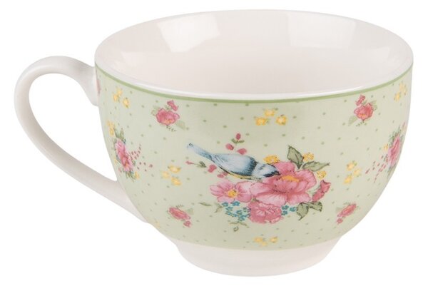 Zelená porcelánová šálka s tanierikom s kvetmi a vtáčikom Cheerful Birdie - 12*9*6cm/ 200ml - Clayre & Eef
