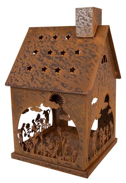 Hrdzavý svietnik v tvare domčeka s dekorom Rustic Charm - 17*17*28 cm - Clayre & Eef