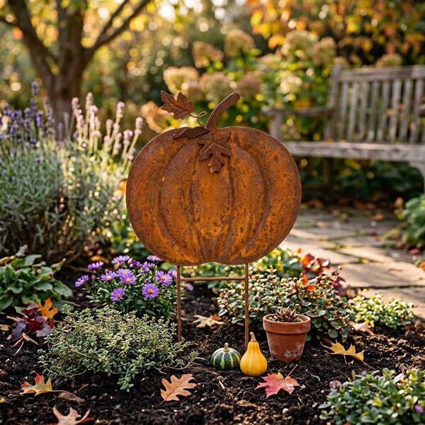 Rustikálny záhradný oranžový zápich tekvice Pumpkin Rust - 48*3*72 cm - Clayre & Eef