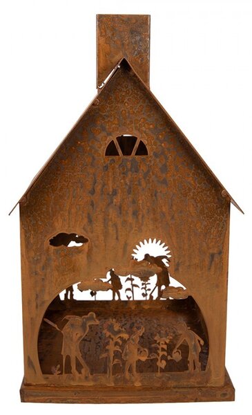 Hrdzavý svietnik v tvare domčeka s dekorom Rustic Charm - 17*17*28 cm - Clayre & Eef