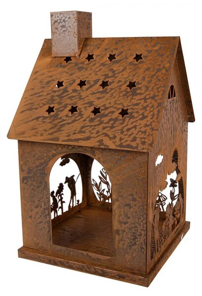 Hrdzavý svietnik v tvare domčeka s dekorom Rustic Charm - 17*17*28 cm - Clayre & Eef