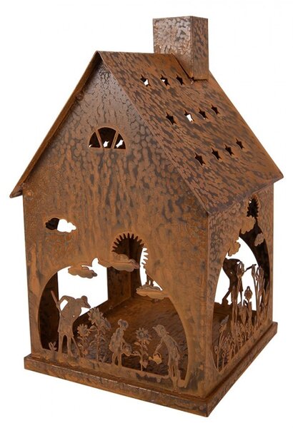 Hrdzavý svietnik v tvare domčeka s dekorom Rustic Charm - 17*17*28 cm - Clayre & Eef
