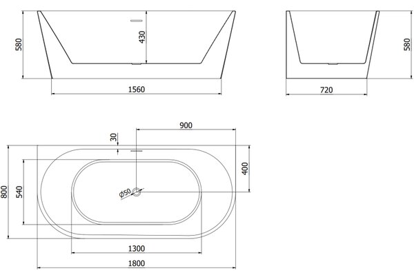 Mexen Oval samostatne stojaca vaňa pri stene 180 x 80 cm, biela, čierny prepad - 52671808000-70