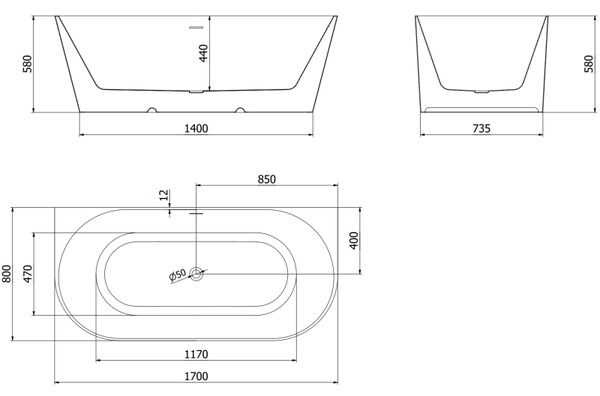 Mexen Oval Slim, voľne stojaca vaňa ku stene 170 x 80 cm, biela lesklá, chrómový prepad, 52661708000-01