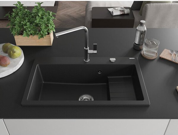 Mexen Omar žulový kuchynský drez s 1 komorou 800 x 480 mm, čierny, chrómový sifón - 6520801005-77