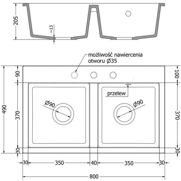 Mexen Hektor, 2-komorový granitový drez 800x480x205 mm, čierna škvrnitá, chrómový sifón, 6521802000-76