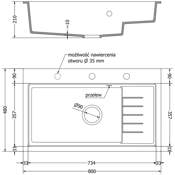 Mexen Omar granitový drez 1-komorový 800 x 480 mm, čierny, čierny sifón - 6520801005-77-B