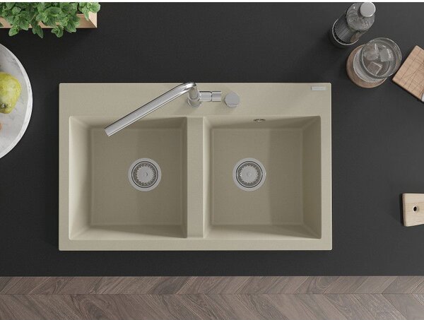 Mexen Hektor granitový kuchynský drez 2-komorový 800 x 480 mm, béžový, sifón chróm - 6521802000-69