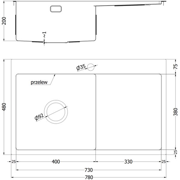 Mexen Exar oceľový kuchynský drez s 1 komorou a odkvapkávačom, pravý 780 x 480 mm, inox - 6434781010P-01