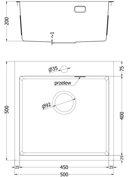 Mexen Solix, 1-komorový nerezový drez 500 x 500 mm, brúsená oceľ, 6407501000-01