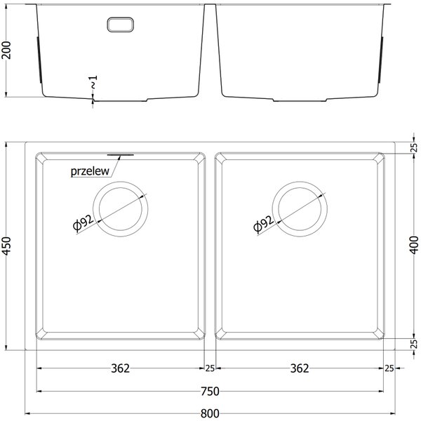 Mexen Binox, 2-komorový nerezový drez 800 x 450 mm, čierna, 6421802000-70
