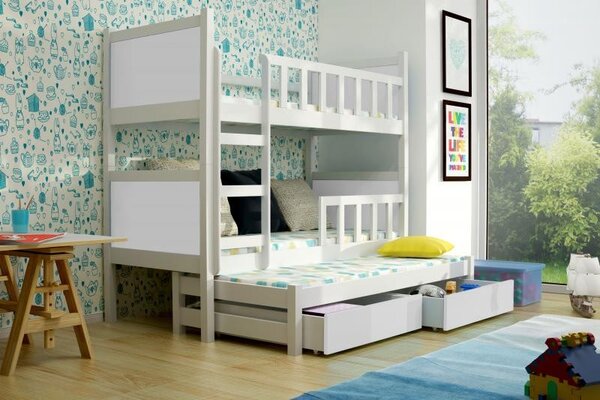 Detská posteľ pre 3 deti Paris, biela + MATRACE
