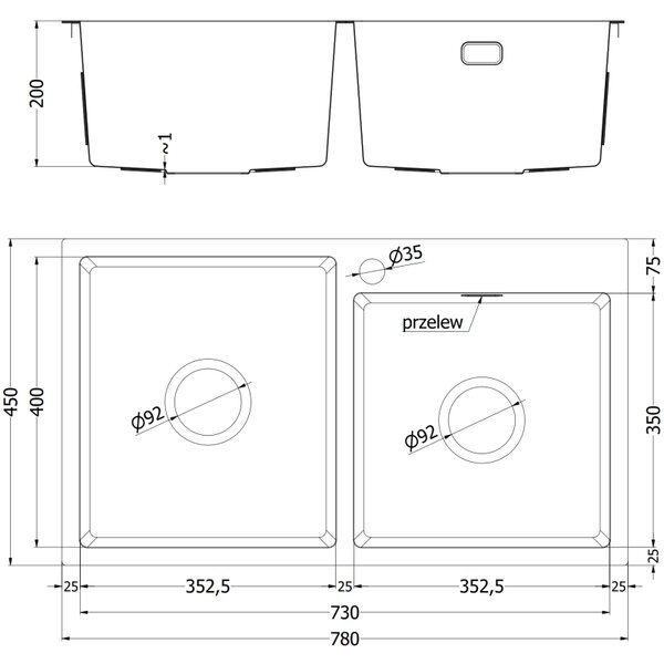 Mexen Xorin, 2-komorový nerezový drez 780 x 450 mm, brúsená oceľ, vzor voština, 6441782000-01HC