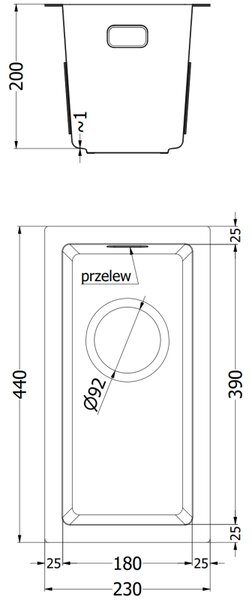 Mexen Trixo, 1-komorový nerezový drez 230 x 440 mm, čierna, 6411221000-70