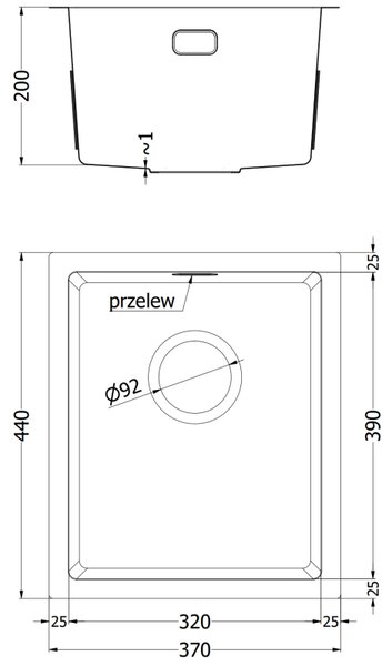 Mexen Trixo nerezový kuchynský drez 1-komorový 370 x 440 mm, inox - 6412371000-01