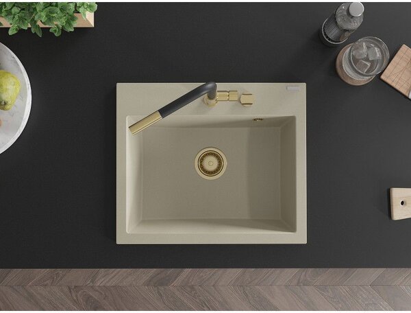 Mexen Oscar granitový kuchynský drez s 1 komorou 580 x 490 mm, béžový, sifón zlatý - 6519581000-69-G