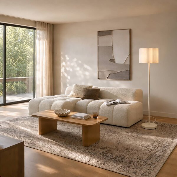 Lindby Stojacia lampa Libbie, béžová, výška 150 cm, ľan, E27, Krémová / jantárovo žltá, Obývacia izba / jedáleň, Textil / látka / hodváb, Škandinávsky, Stojaca lampa