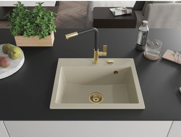 Mexen Oscar granitový kuchynský drez s 1 komorou 580 x 490 mm, béžový, sifón zlatý - 6519581000-69-G