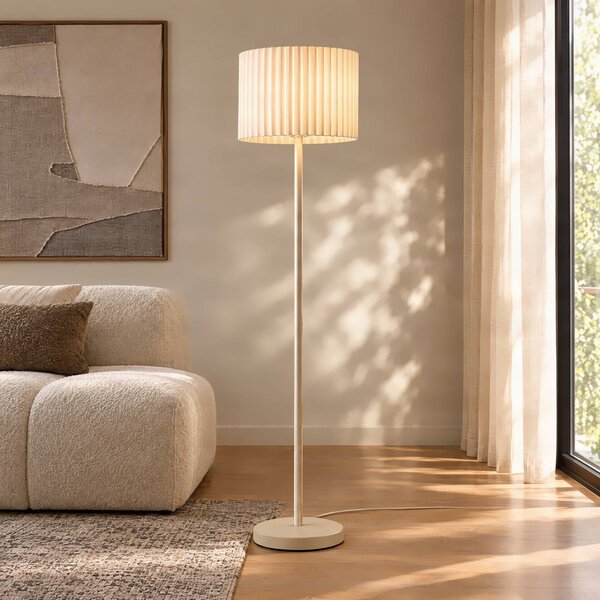 Lindby Stojacia lampa Libbie, béžová, výška 150 cm, ľan, E27, Krémová / jantárovo žltá, Obývacia izba / jedáleň, Textil / látka / hodváb, Škandinávsky, Stojaca lampa