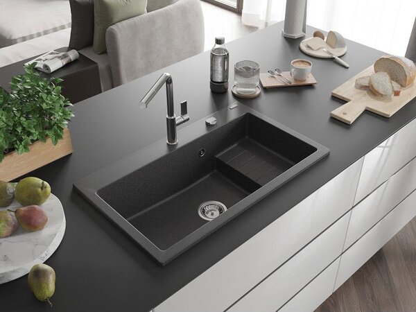 Mexen Omar žulový drez s 1 komorou 800 x 480 mm, čierno škvrnitý, sifón chróm - 6520801005-76