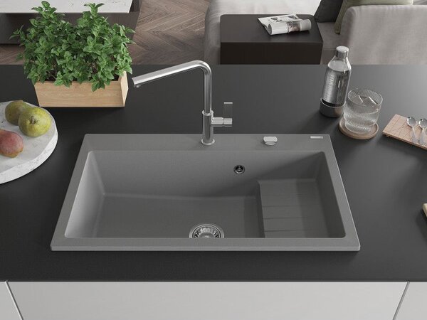 Mexen Omar žulový kuchynský drez s 1 komorou 800 x 480 mm, sivý, sifón chróm - 6520801005-71