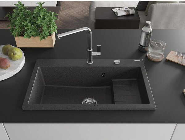 Mexen Omar žulový drez s 1 komorou 800 x 480 mm, čierno škvrnitý, sifón chróm - 6520801005-76
