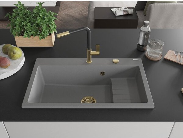 Mexen Omar granitový kuchynský drez, 1-komorový 800 x 480 mm, sivý, sifón zlatý - 6520801005-71-G