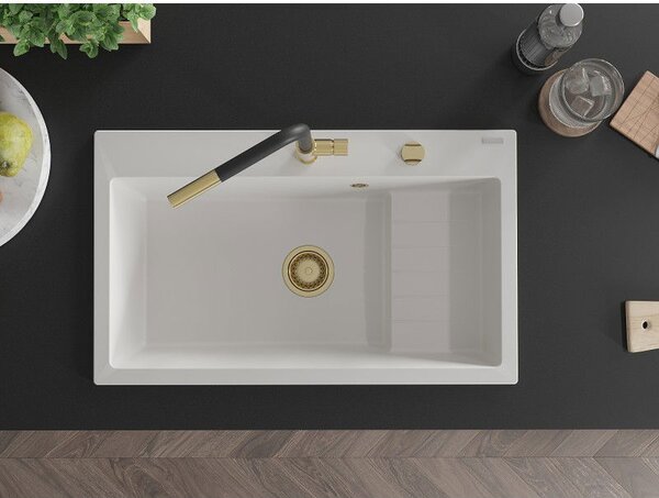 Mexen Omar žulový drez s jednou komorou 800 x 480 mm, biely, zlatý sifón - 6520801005-20-G