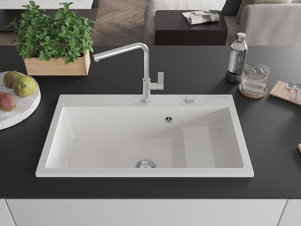 Mexen Omar, 1-komorový granitový drez 800x480x210 mm, chrómový sifón, biela, 6520801005-20