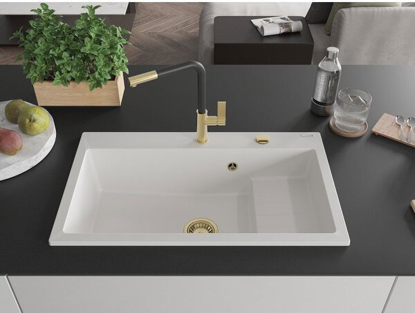 Mexen Omar žulový drez s jednou komorou 800 x 480 mm, biely, zlatý sifón - 6520801005-20-G
