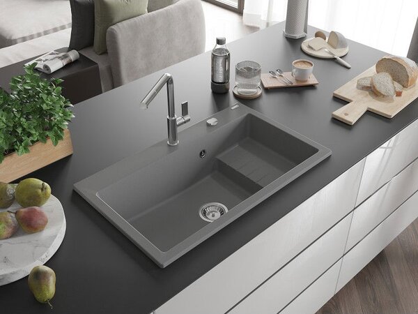 Mexen Omar žulový kuchynský drez s 1 komorou 800 x 480 mm, sivý, sifón chróm - 6520801005-71