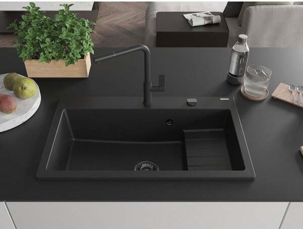 Mexen Omar granitový drez 1-komorový 800 x 480 mm, čierny, čierny sifón - 6520801005-77-B