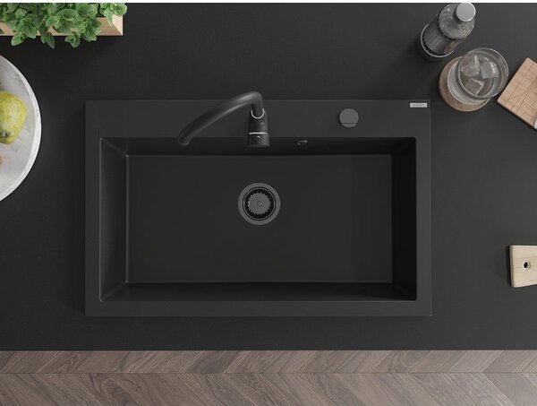 Mexen Elix Granitový drez s 1 komorou 800 x 500 mm, čierny, čierny sifón - 6527801005-77-B