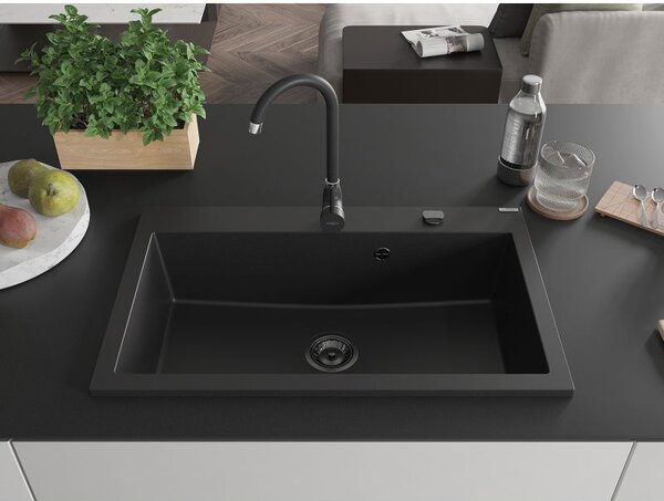 Mexen Elix Granitový drez s 1 komorou 800 x 500 mm, čierny, čierny sifón - 6527801005-77-B