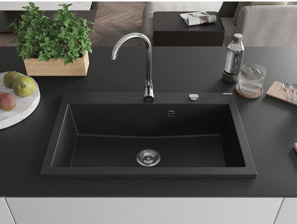 Mexen Elix žulový drez 1-komorový 800 x 500 mm, čierny, sifón chróm - 6527801005-77