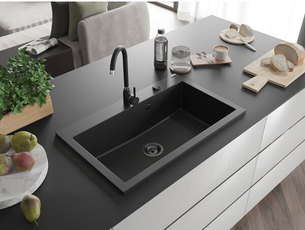 Mexen Elix Granitový drez s 1 komorou 800 x 500 mm, čierny, čierny sifón - 6527801005-77-B