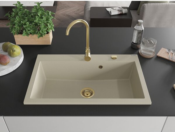 Mexen Elix žulový drez, 1-komorový, 800 x 500 mm, béžový, sifón zlatý - 6527801005-69-G