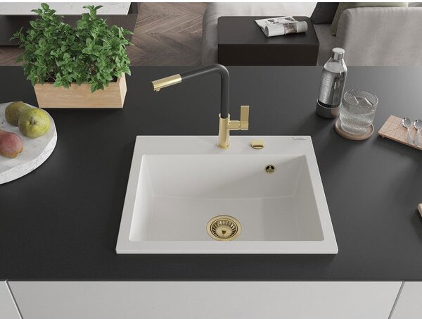 Mexen Oscar žulový kuchynský drez s 1-komorou 580 x 490 mm, biely, zlatý sifón - 6519581000-20-G