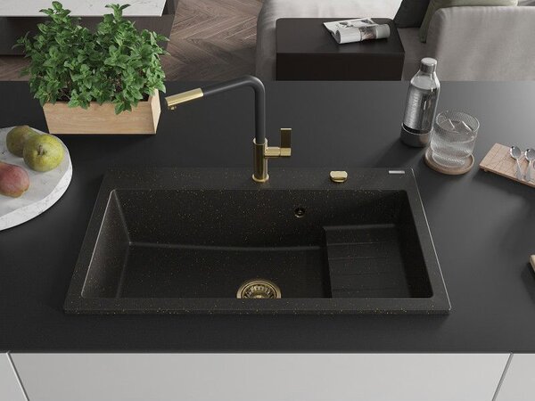Mexen Omar žulový drez, 1-komorový 800 x 480 mm, čierny/zlatý metalický, zlatý sifón - 6520801005-75-G
