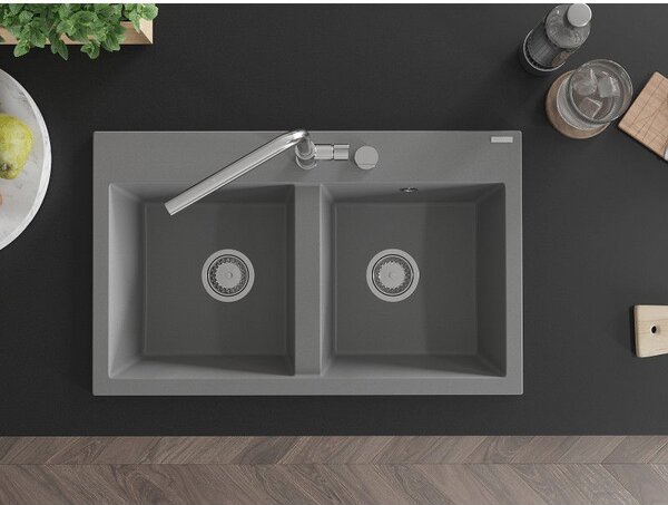 Mexen Hektor žulový drez 2-komorový 800 x 480 mm, sivý, sifón chróm - 6521802000-71