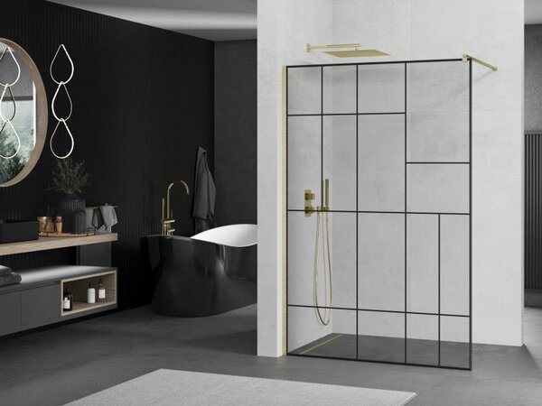 Mexen Kioto sprchová stena Walk-in 80 x 200 cm, čierny vzor 8 mm, zlatá kartáčovaná - 800-080-101-55-78