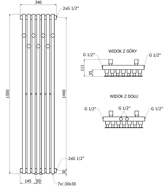 Mexen Flux dekoratívny kúpeľňový radiátor 1500 x 340 mm, 630 W, čierny - W127-1500-340-00-70